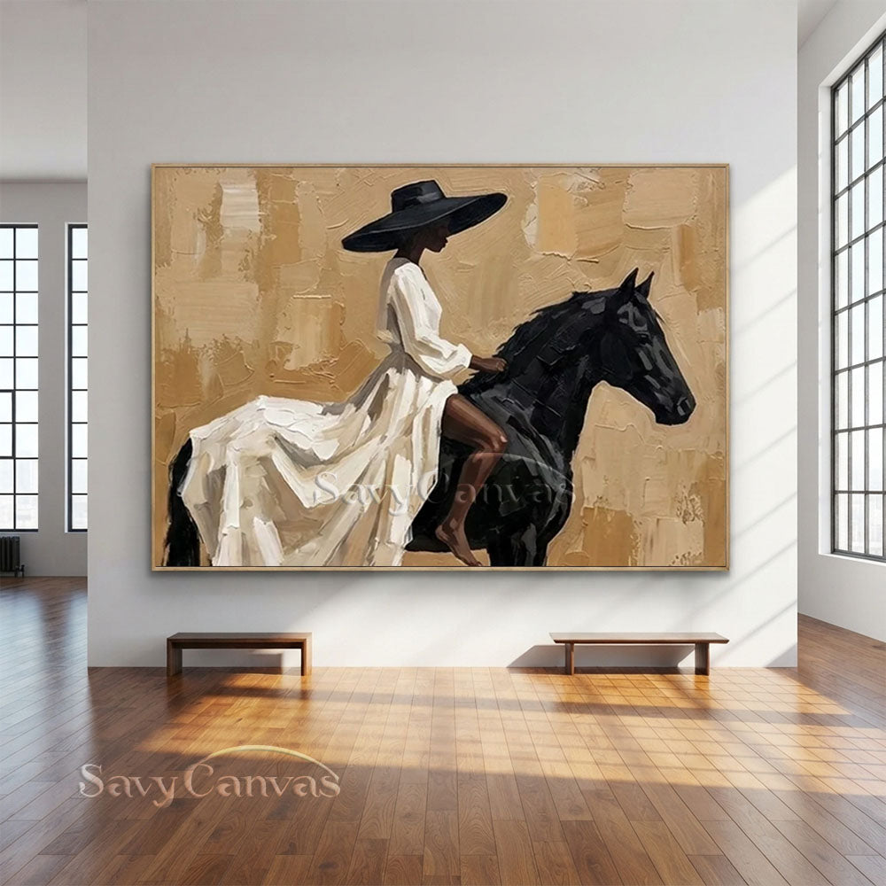 Elegant Woman on Black Horse Oil Painting #ZC 027