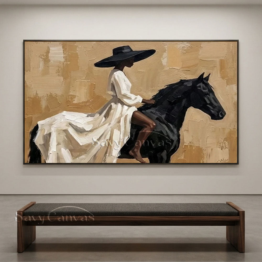 Elegant Woman on Black Horse Oil Painting #ZC 027