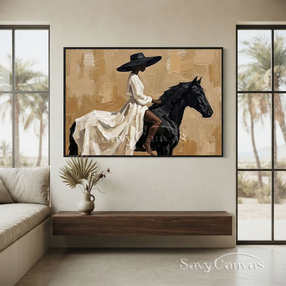 Elegant Woman on Black Horse Oil Painting #ZC 027