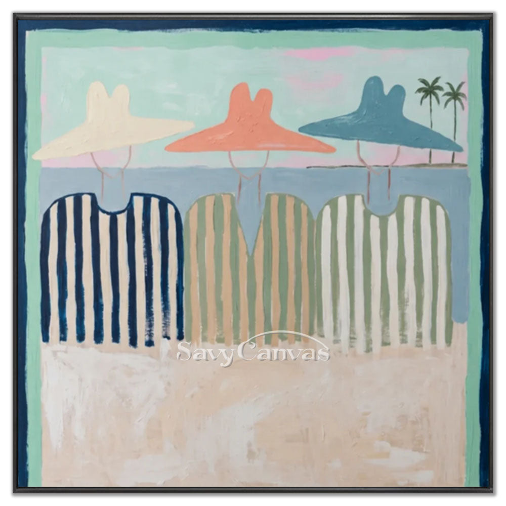 High-quality handmade abstract oil painting showing three minimalist figures in striped retro resort wear and wide-brimmed sun hats standing by the sea under a pastel sky with palm trees.