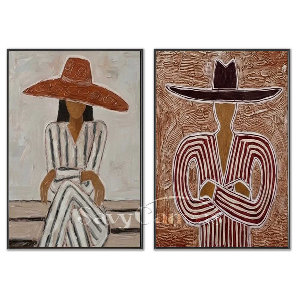Hand-crafted modernism style portrait and fashion figures oil painting diptych on canvas by Savy Canvas, featuring abstract characters in stylish hats and striped clothing in terracotta, brown, and cream tones with black frames. Sophisticated wall decor, ready to hang.