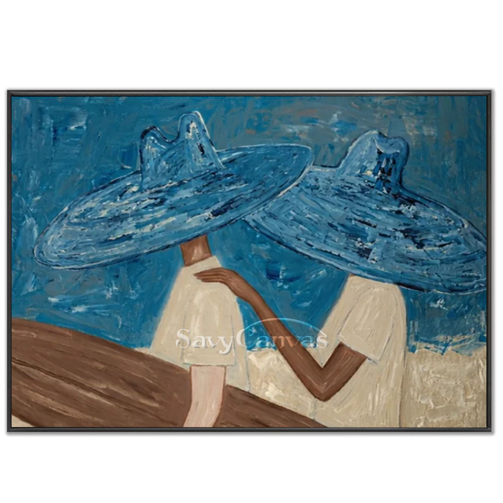 Premium handmade modern abstract oil painting depicting two figures wearing large textured ocean-blue hats resting with a surfboard on a sunny beach background.