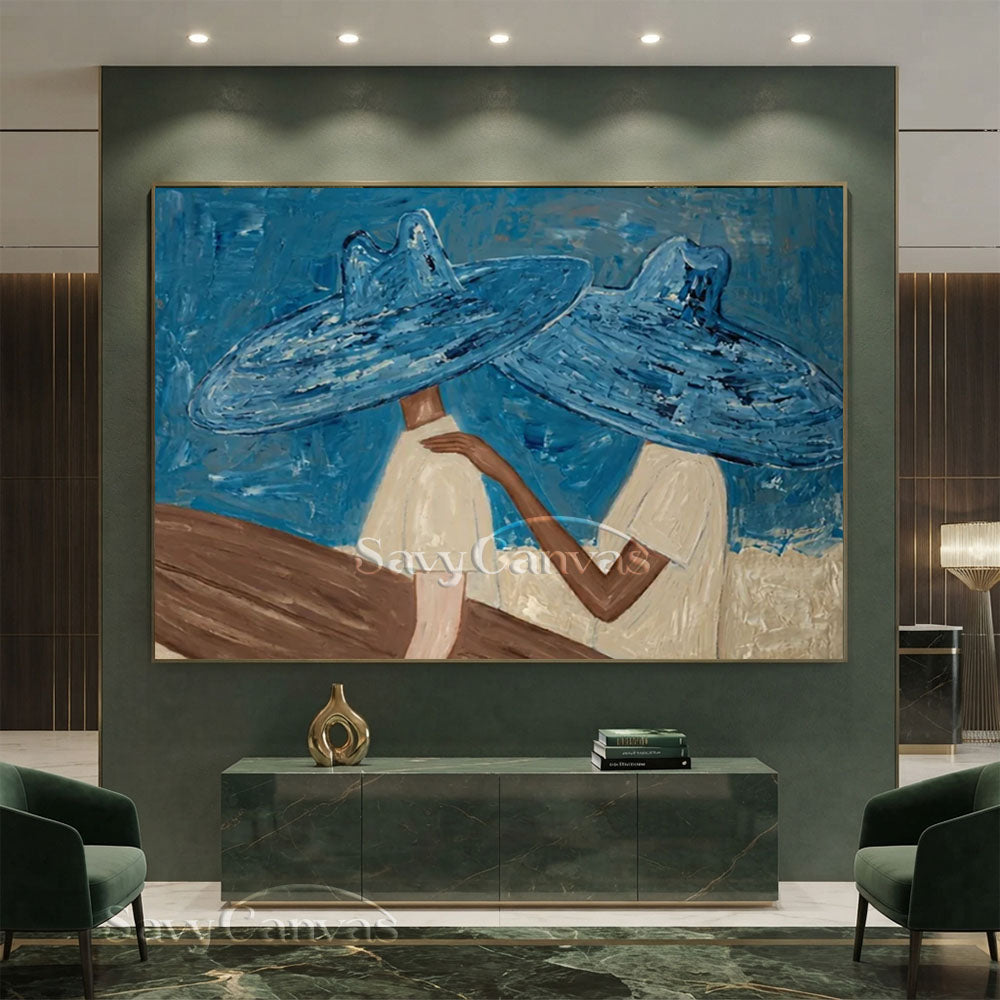 Abstract Two Figures in Blue Hats Oil Painting #ZC 029