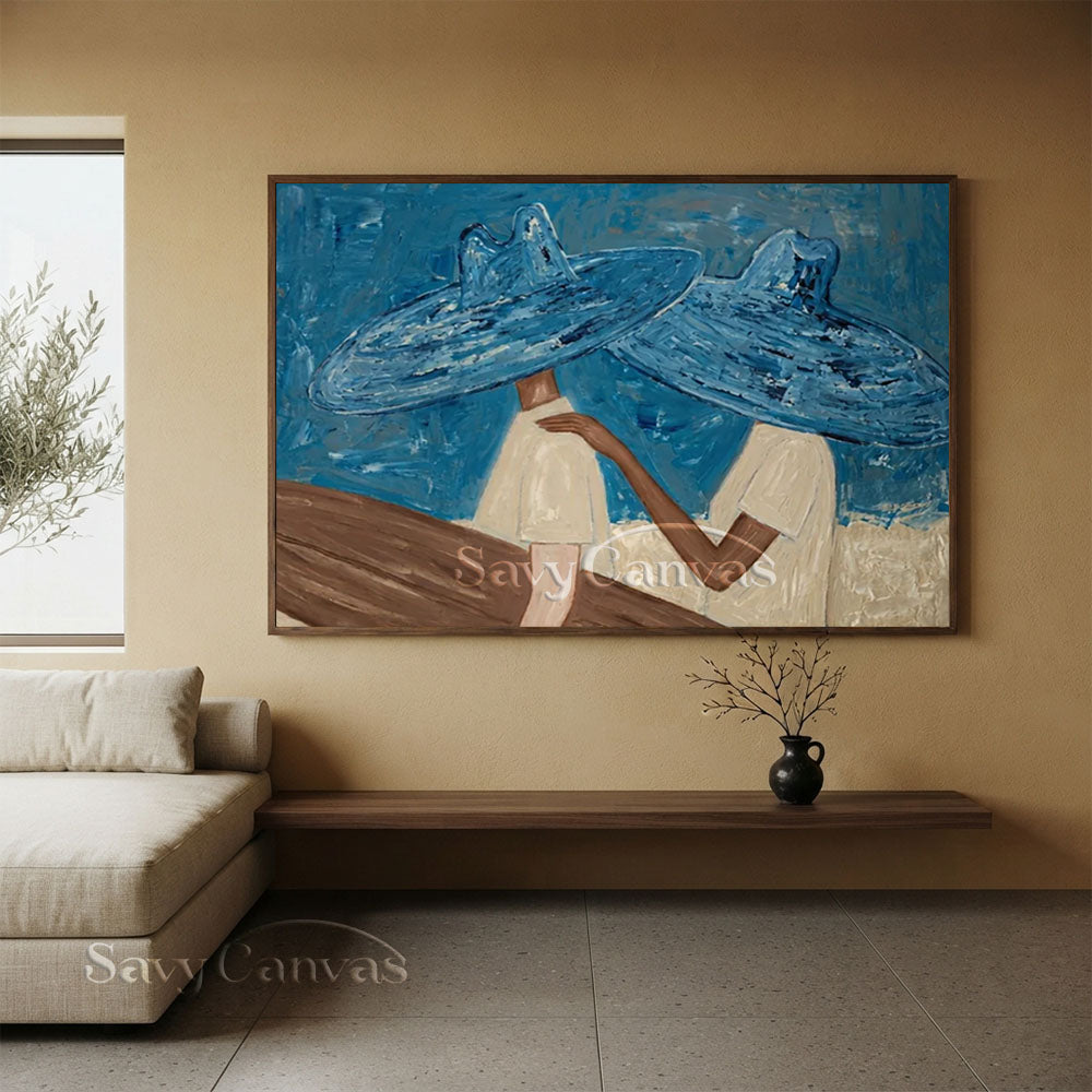 Abstract Two Figures in Blue Hats Oil Painting #ZC 029