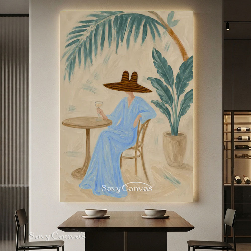 Blue Dress Woman Patio Portrait Oil Painting #SS 235