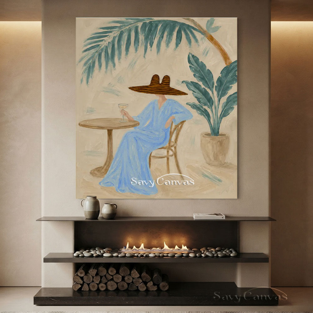 Blue Dress Woman Patio Portrait Oil Painting #SS 235