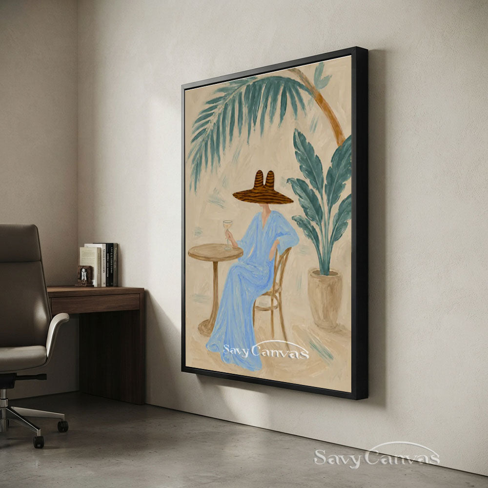 Blue Dress Woman Patio Portrait Oil Painting #SS 235
