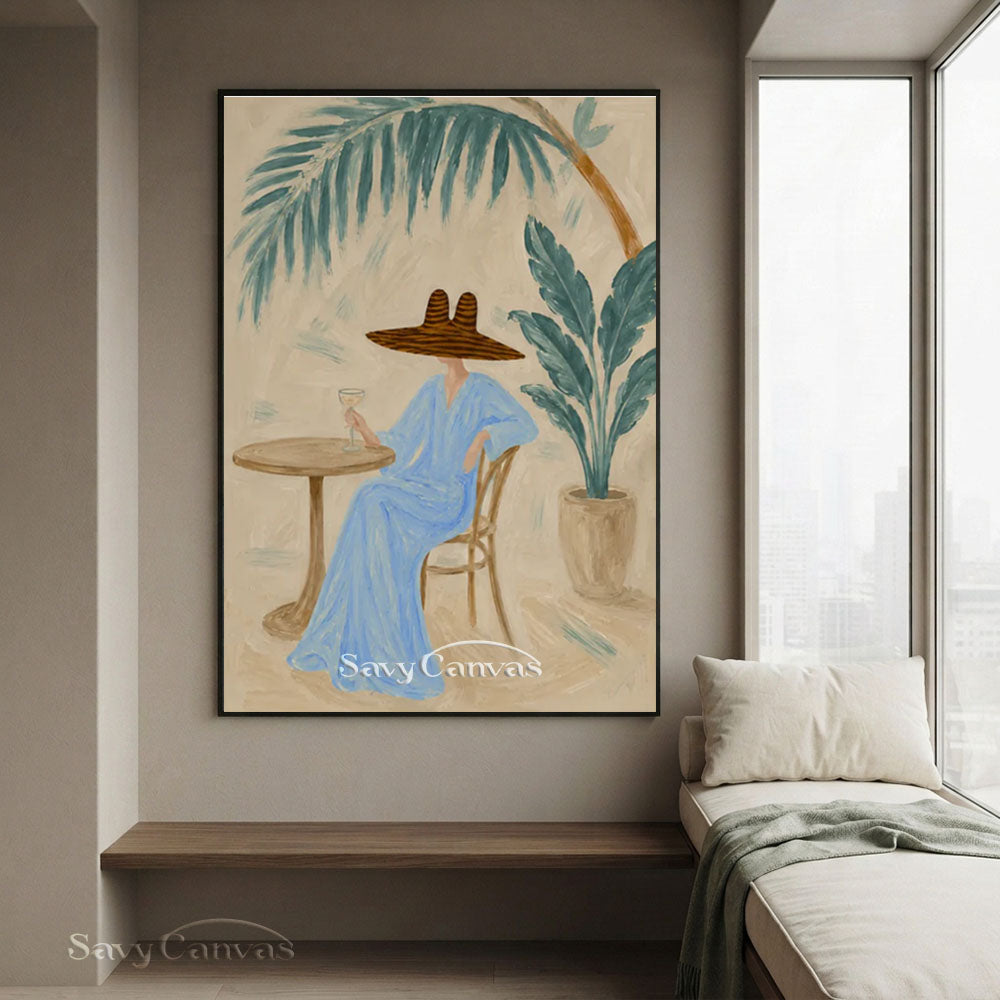 Blue Dress Woman Patio Portrait Oil Painting #SS 235