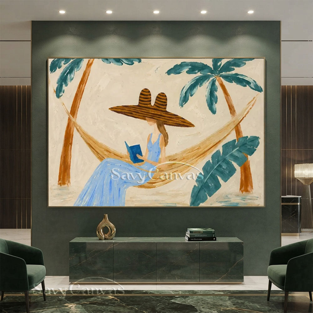 Handmade Tropical Vintage Woman in Hammock Oil Painting #ZC 030