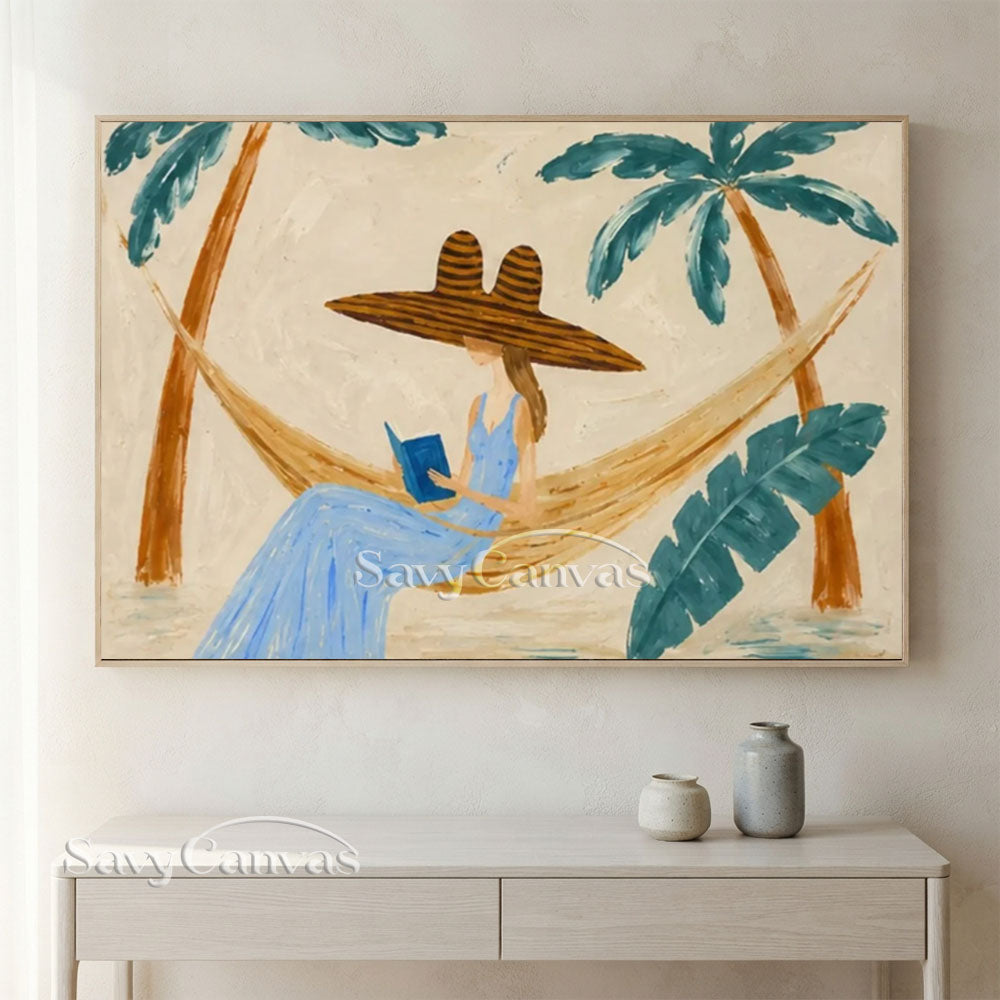 Handmade Tropical Vintage Woman in Hammock Oil Painting #ZC 030