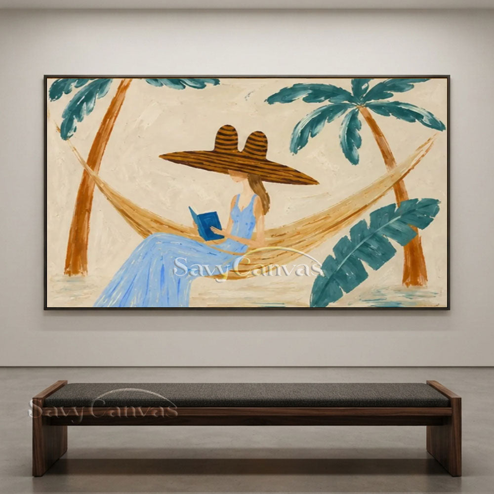 Handmade Tropical Vintage Woman in Hammock Oil Painting #ZC 030