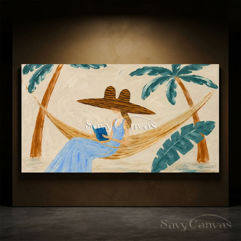Handmade Tropical Vintage Woman in Hammock Oil Painting #ZC 030