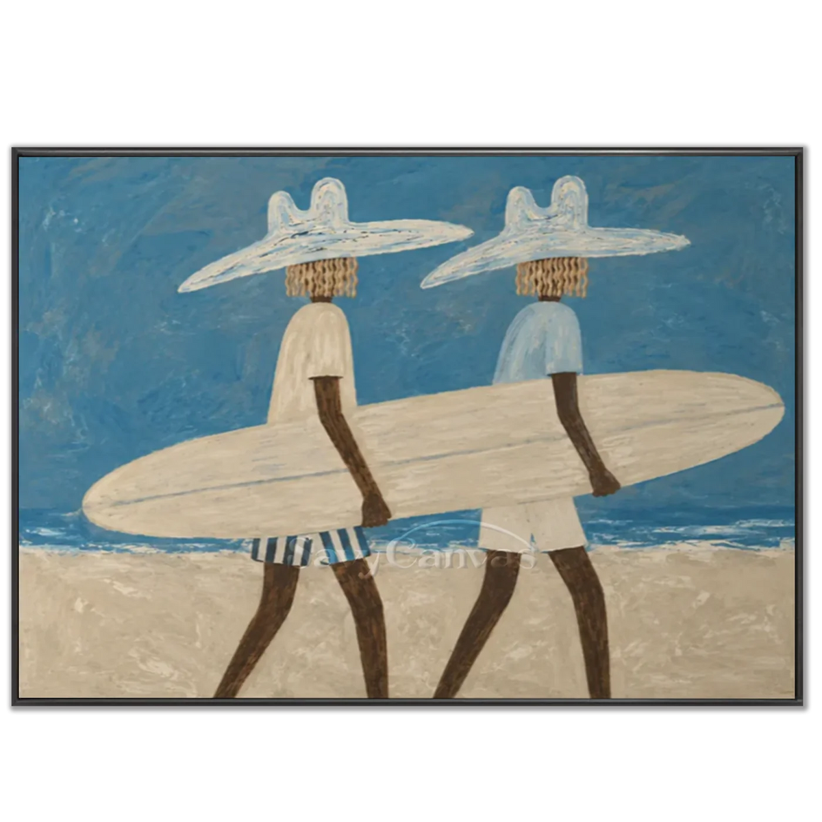 Handmade Coastal Modern Two Surfers with Surfboard Blue Oil Painting #ZC 031