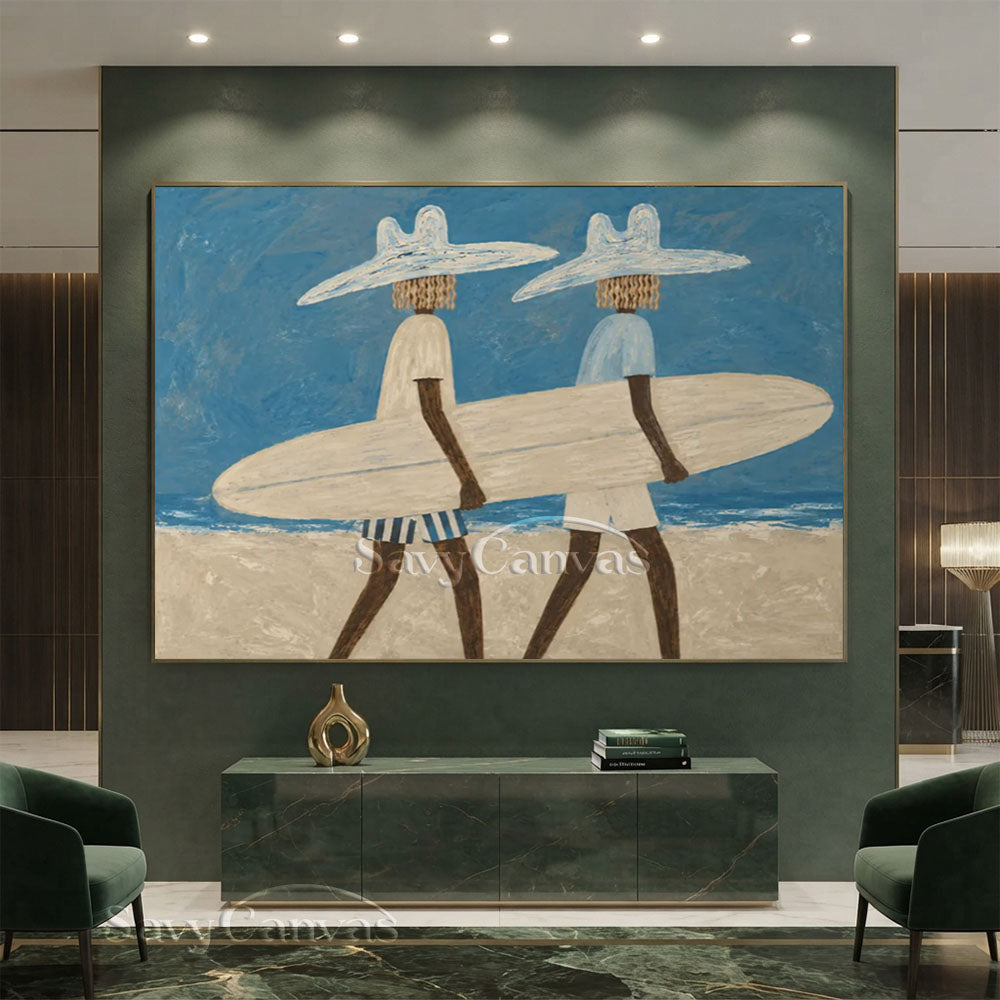 Handmade Coastal Modern Two Surfers with Surfboard Blue Oil Painting #ZC 031