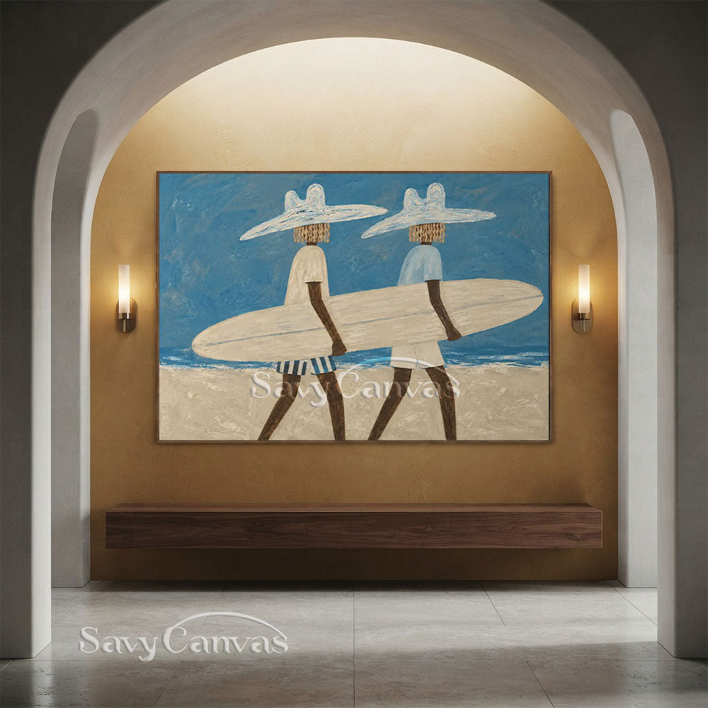 Handmade Coastal Modern Two Surfers with Surfboard Blue Oil Painting #ZC 031