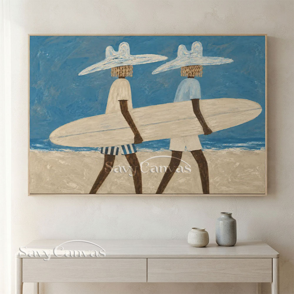 Handmade Coastal Modern Two Surfers with Surfboard Blue Oil Painting #ZC 031