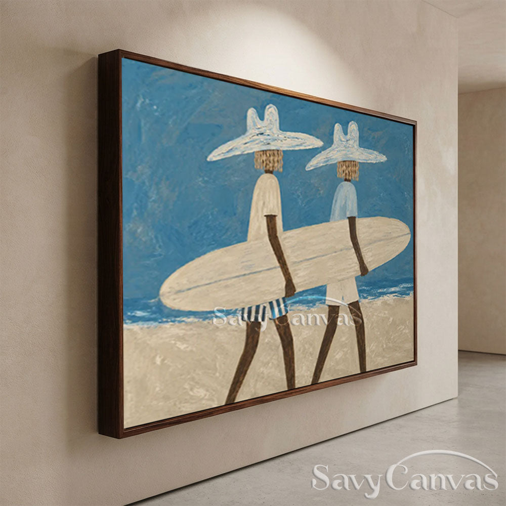 Handmade Coastal Modern Two Surfers with Surfboard Blue Oil Painting #ZC 031