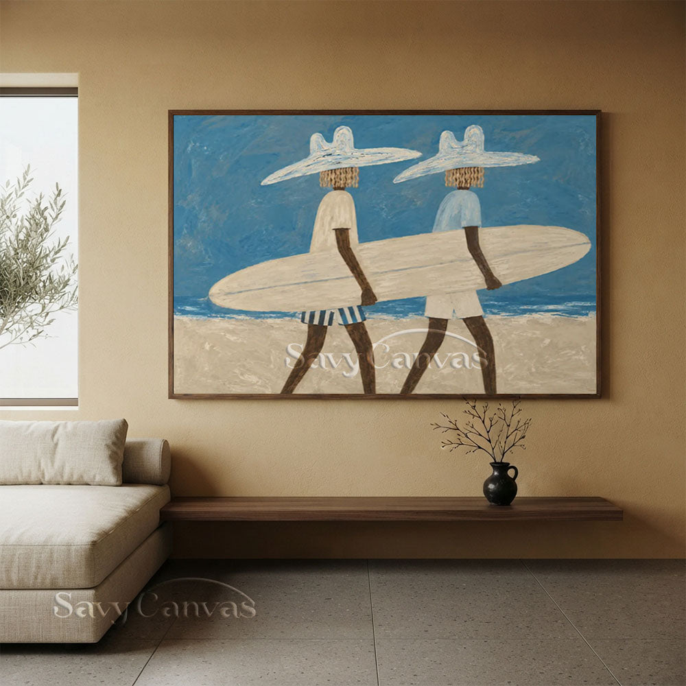 Handmade Coastal Modern Two Surfers with Surfboard Blue Oil Painting #ZC 031