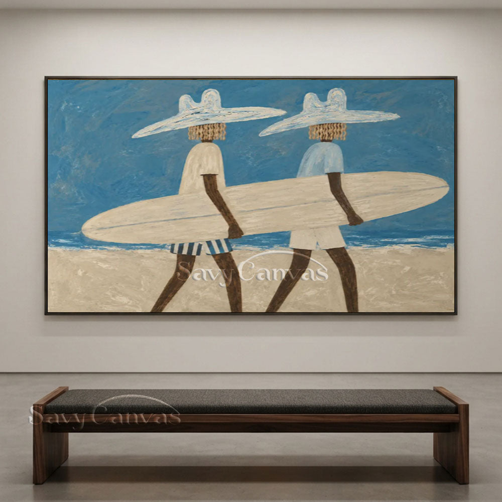 Handmade Coastal Modern Two Surfers with Surfboard Blue Oil Painting #ZC 031