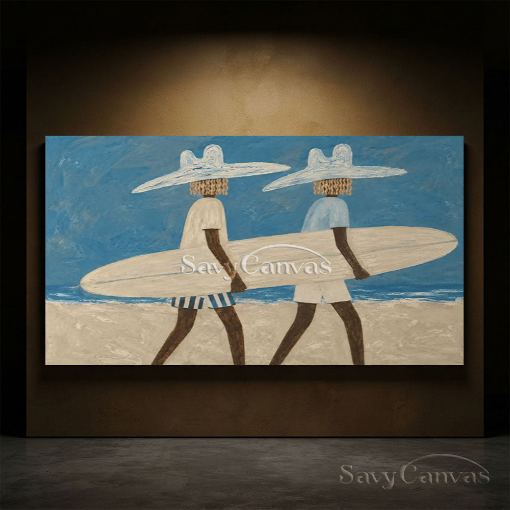 Handmade Coastal Modern Two Surfers with Surfboard Blue Oil Painting #ZC 031