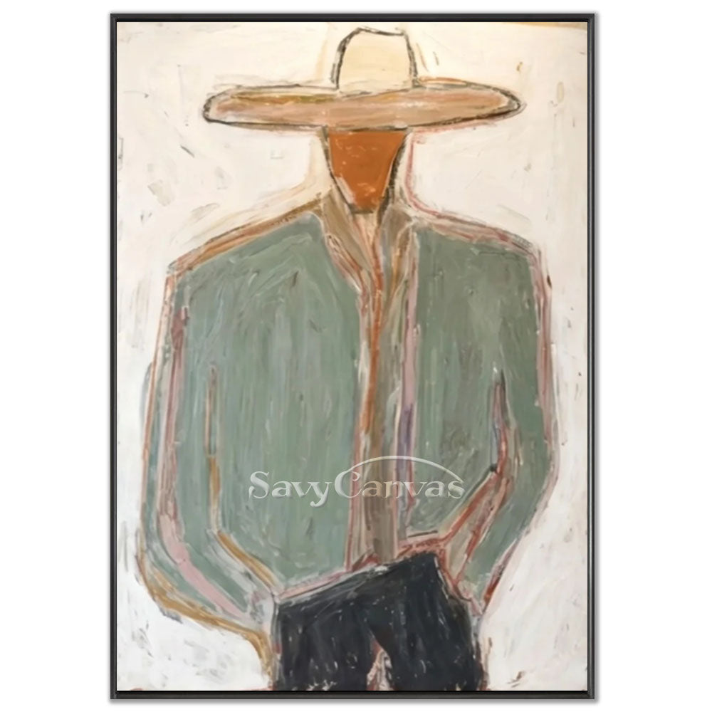 A 100% handmade modernist oil painting featuring a heavy impasto textured background in warm white, depicting a faceless abstract portrait of a cowboy wearing a large tan wide-brimmed hat, a sage green jacket with visible brown outlines, and dark pants.