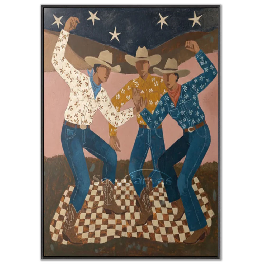 A 100% handmade modernist oil painting with a textured canvas background, depicting a stylized abstract portrait of three western cowboys in wide-brimmed hats and colorful floral shirts dancing on a checkered rug under a dark midnight blue starry night sky and a pink desert background.