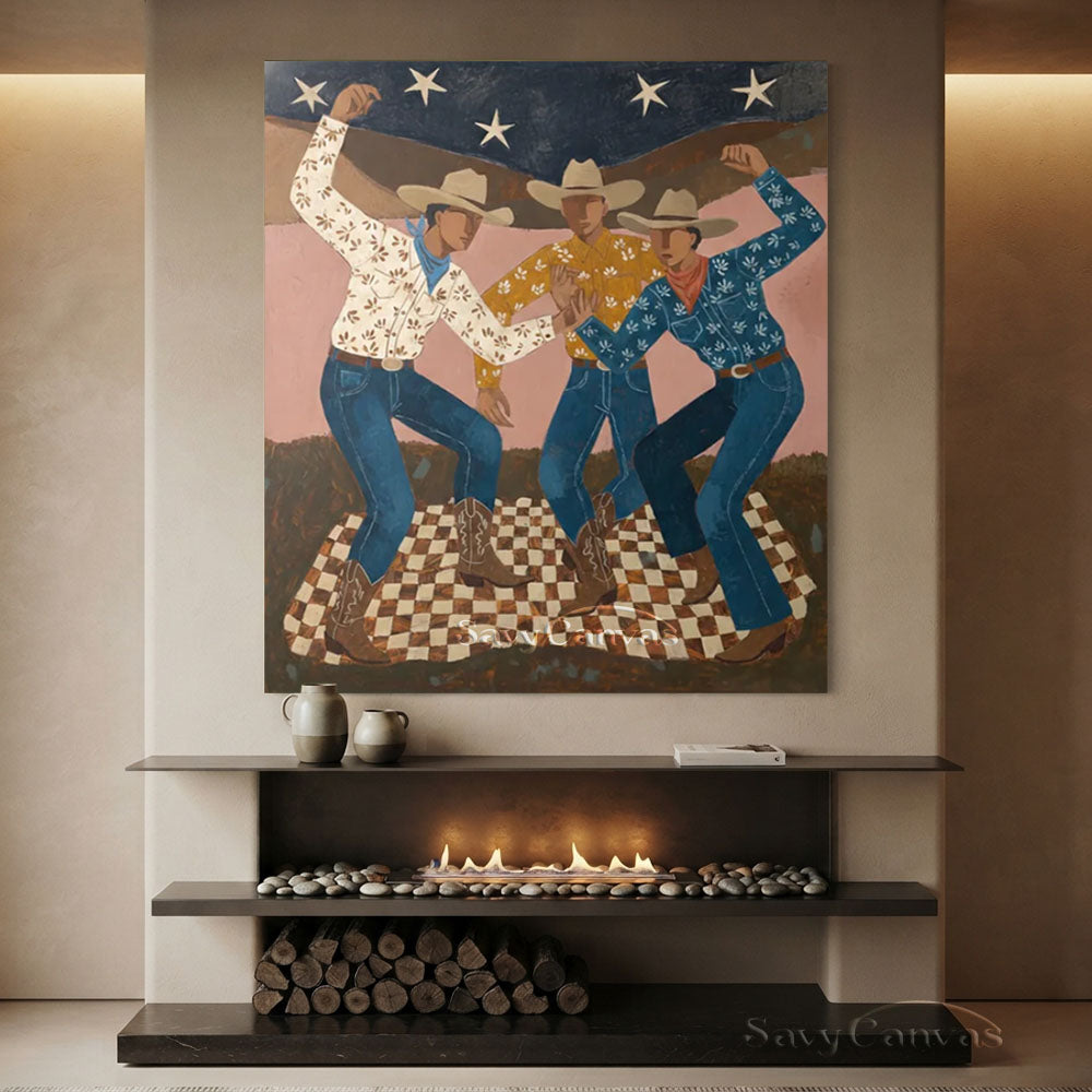 Dancing Western Cowboy Trio Canvas Oil Painting #SS 238