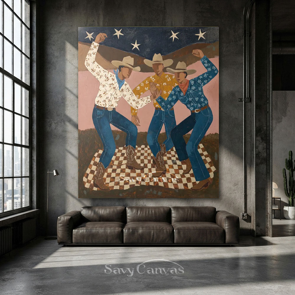 Dancing Western Cowboy Trio Canvas Oil Painting #SS 238