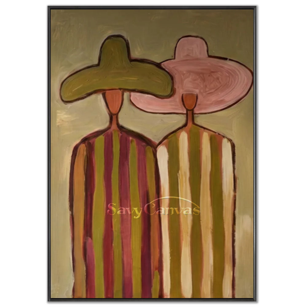 A 100% handmade modernist oil painting with a textured muted olive green background, depicting a stylized geometric abstract portrait of two faceless women standing side-by-side wearing oversized sun hats in olive green and light pink, and retro striped long dresses in burgundy and cream white.