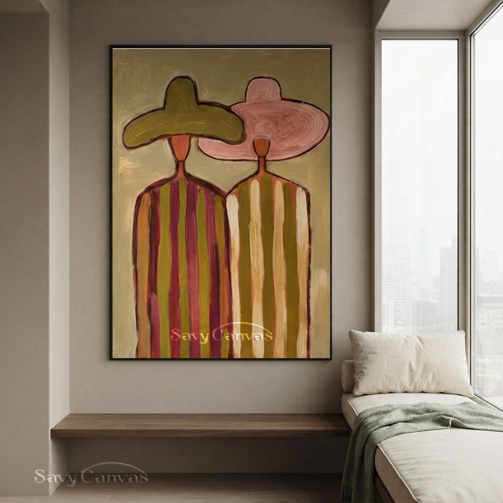 Two Women Vintage Striped Dress Oil Painting #SS 240