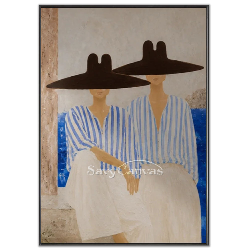 A 100% handmade modernist oil painting with a textured warm beige and rocky background, depicting a stylized geometric abstract portrait of two faceless women sitting side-by-side wearing oversized avant-garde black sun hats, retro blue and white striped long-sleeved shirts, and long cream skirts against a vibrant azure blue sea background.
