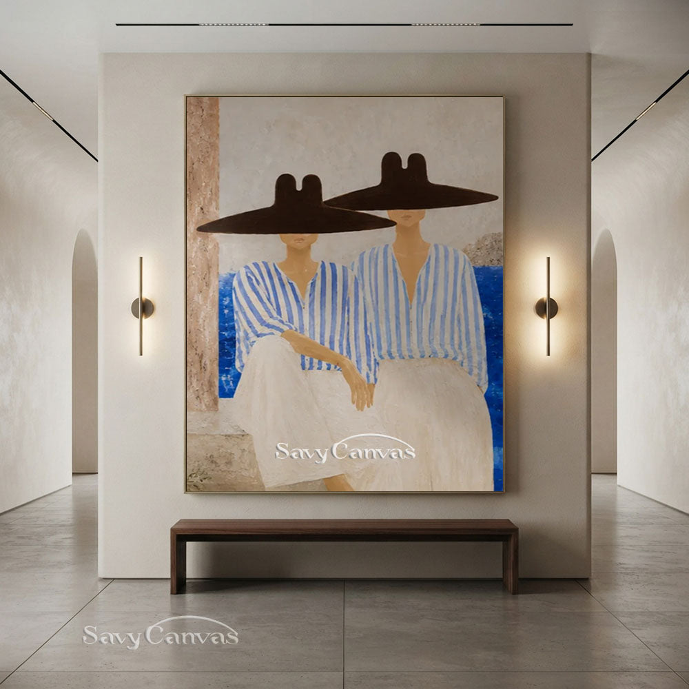 Two Women Blue Striped Dress Oil Painting #SS 241