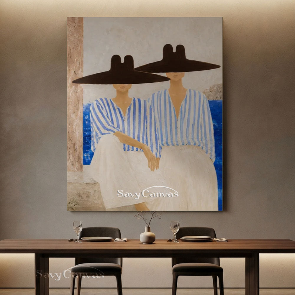 Two Women Blue Striped Dress Oil Painting #SS 241
