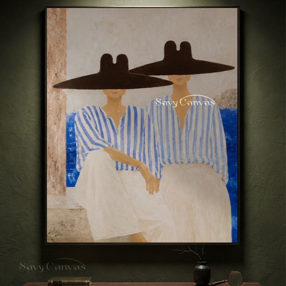 Two Women Blue Striped Dress Oil Painting #SS 241