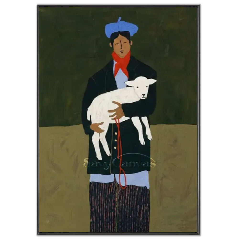 A 100% handmade modernist oil painting with a heavy textured split background of dark green and earthy khaki, depicting a stylized geometric abstract portrait of a man wearing a cobalt blue beret, vibrant red scarf, and dark coat, gently cradling a pure white lamb in his arms.