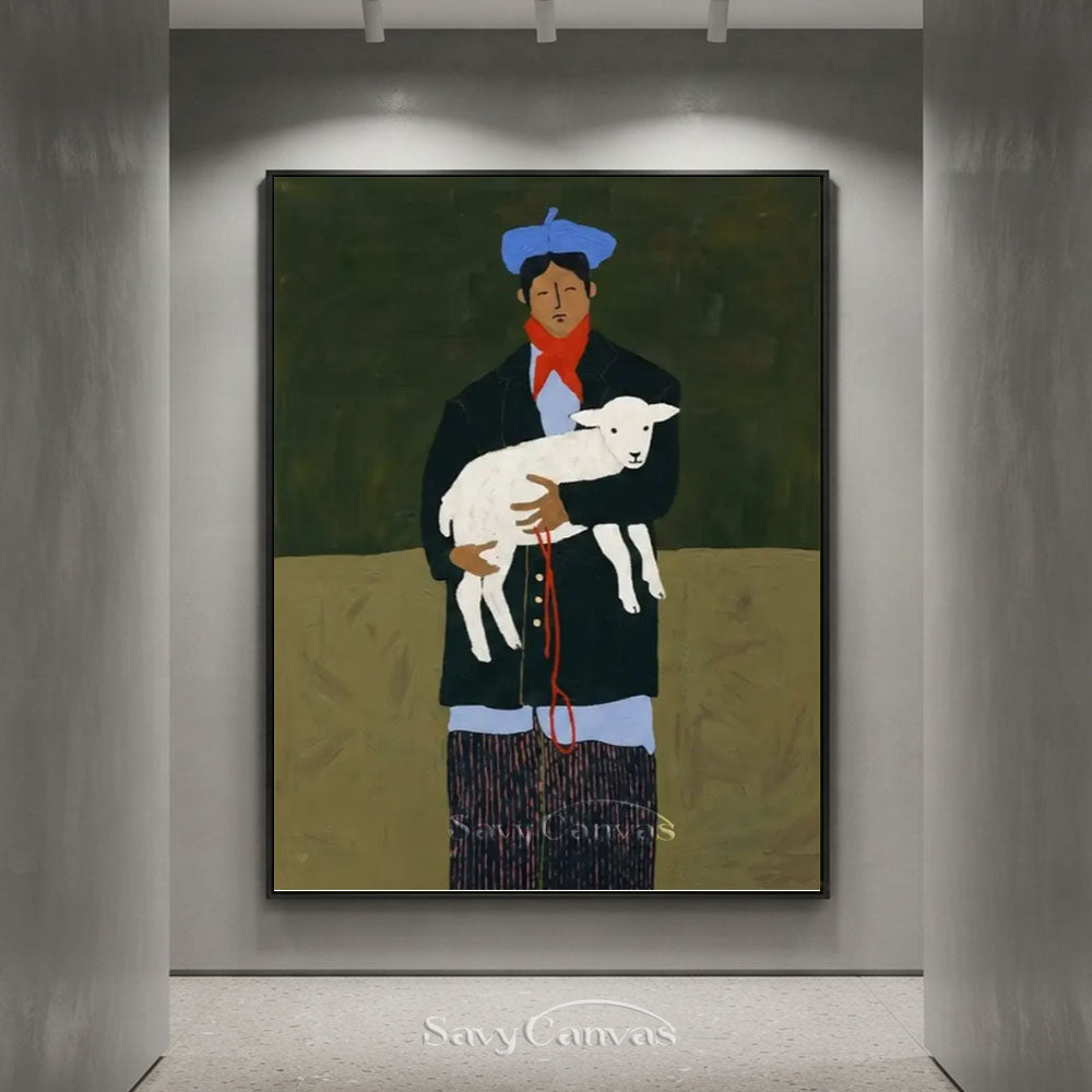 Vintage Man Holding Lamb Vintage Folk Canvas Oil Painting #SS 242