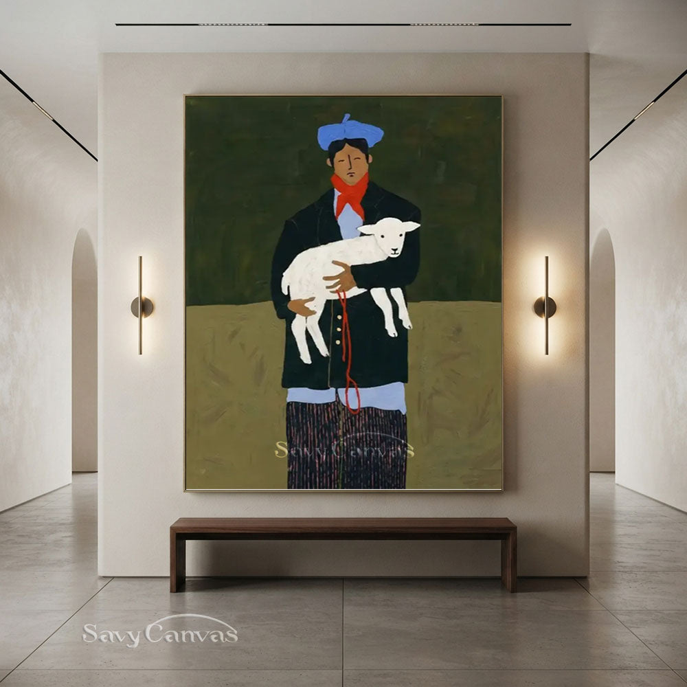 Vintage Man Holding Lamb Vintage Folk Canvas Oil Painting #SS 242