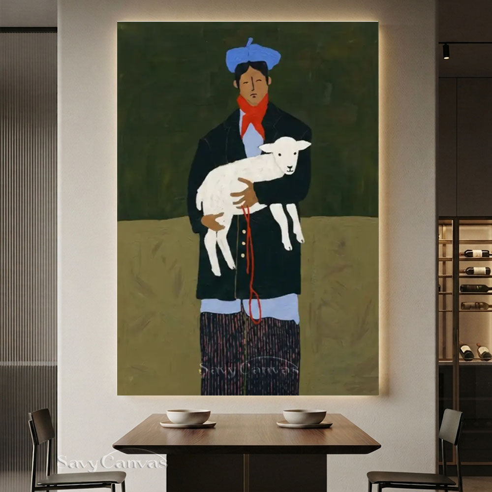 Vintage Man Holding Lamb Vintage Folk Canvas Oil Painting #SS 242