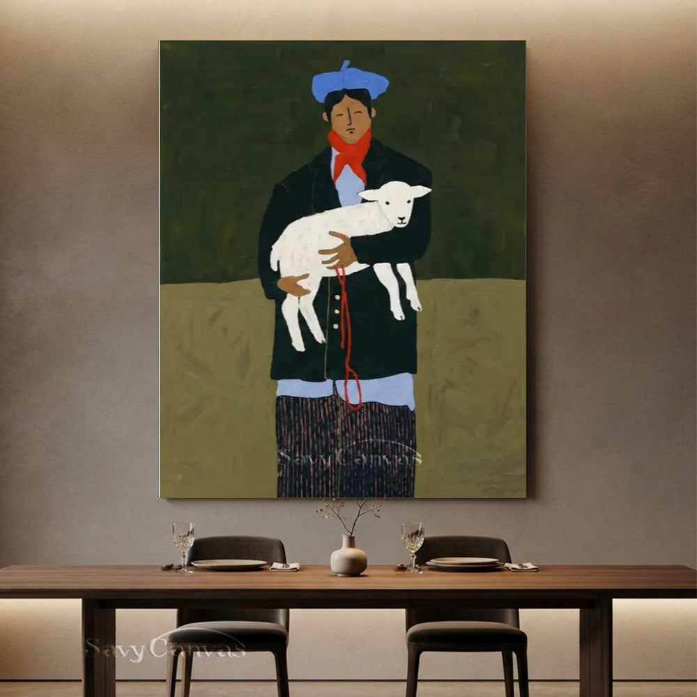 Vintage Man Holding Lamb Vintage Folk Canvas Oil Painting #SS 242