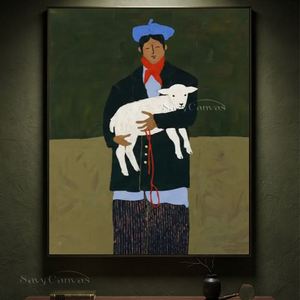 Vintage Man Holding Lamb Vintage Folk Canvas Oil Painting #SS 242