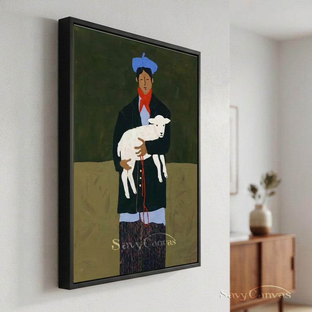 Vintage Man Holding Lamb Vintage Folk Canvas Oil Painting #SS 242