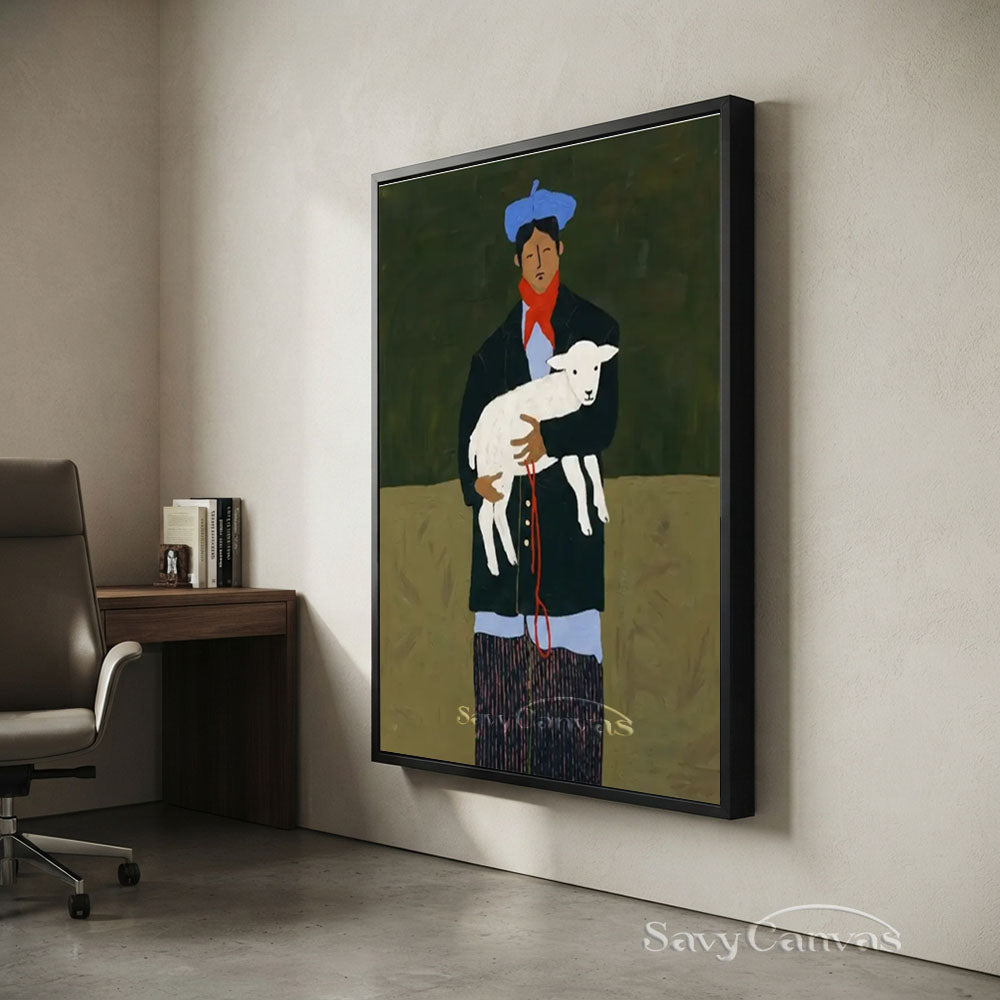 Vintage Man Holding Lamb Vintage Folk Canvas Oil Painting #SS 242