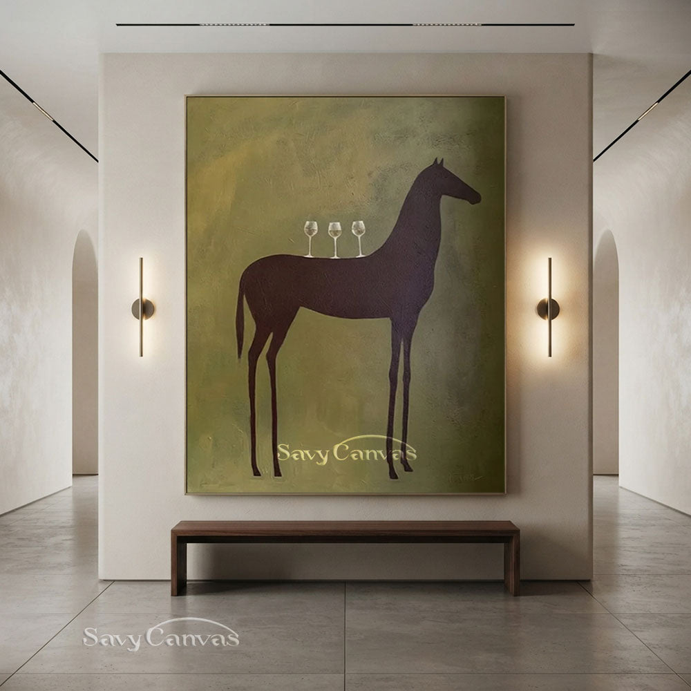 Modernist Horse and Wine Glasses Vintage Abstract Oil Painting #SS 243