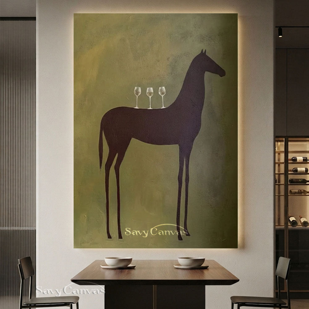 Modernist Horse and Wine Glasses Vintage Abstract Oil Painting #SS 243