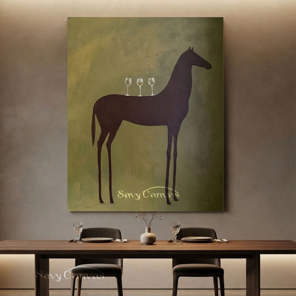 Modernist Horse and Wine Glasses Vintage Abstract Oil Painting #SS 243