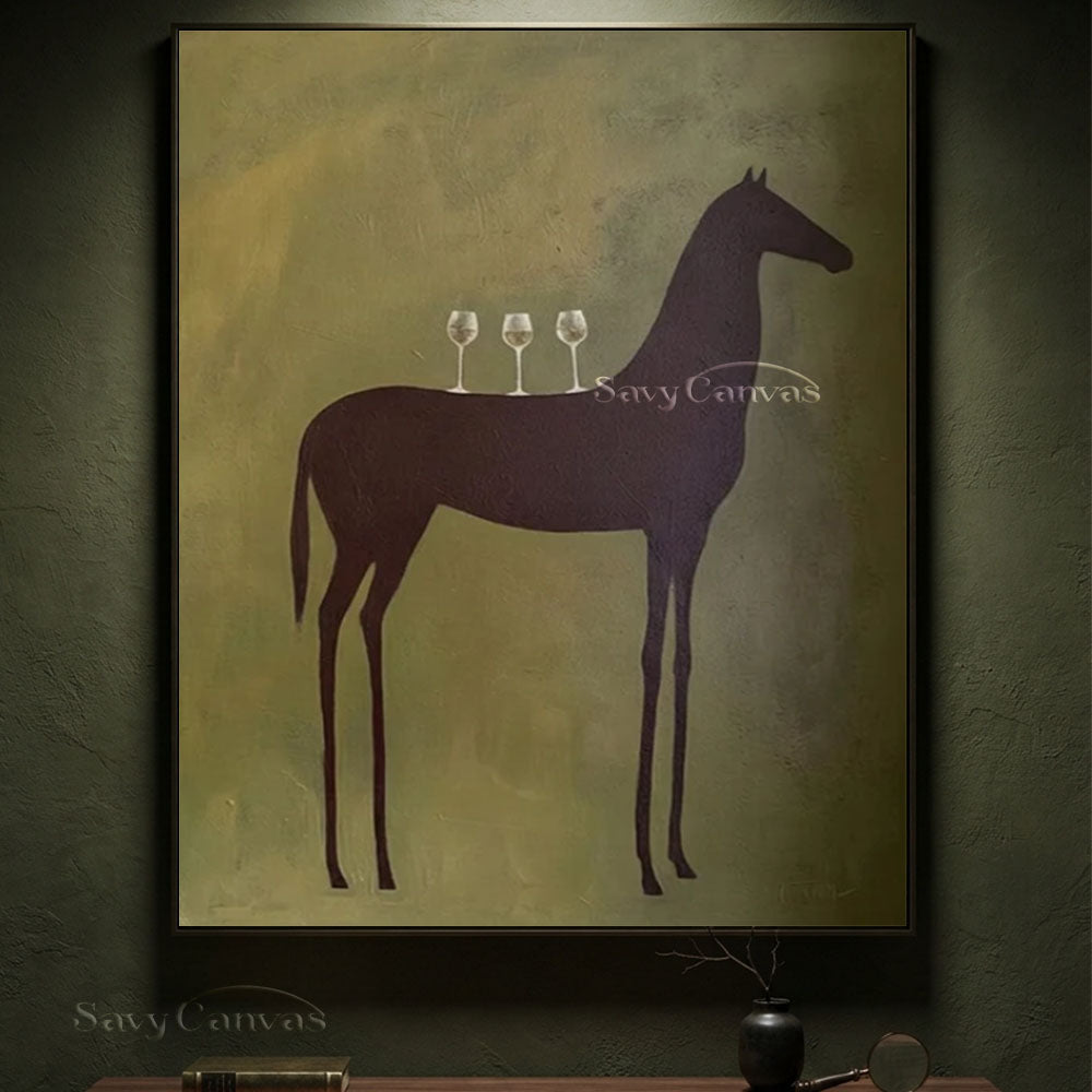Modernist Horse and Wine Glasses Vintage Abstract Oil Painting #SS 243