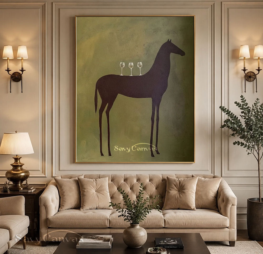 Modernist Horse and Wine Glasses Vintage Abstract Oil Painting #SS 243
