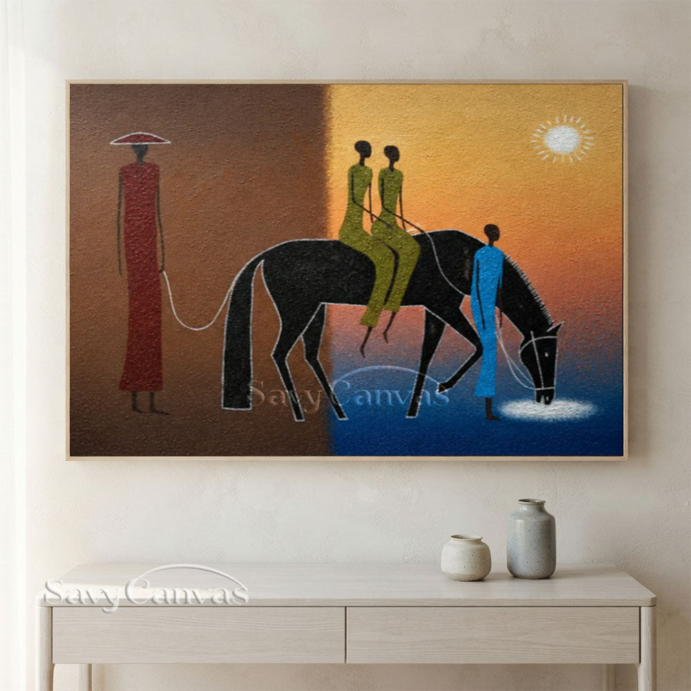Handmade Tribal Modern Abstract Figures Horse Sunset Oil Painting #ZC 033