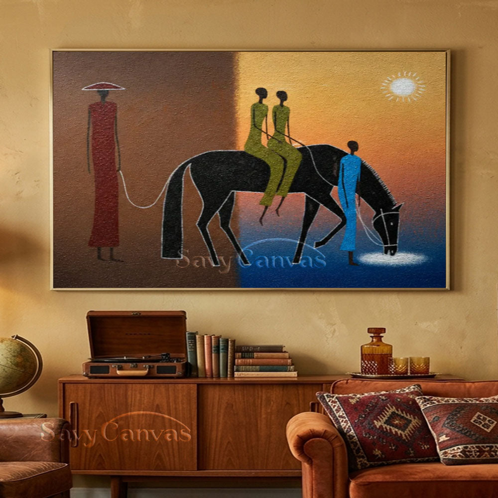 Handmade Tribal Modern Abstract Figures Horse Sunset Oil Painting #ZC 033