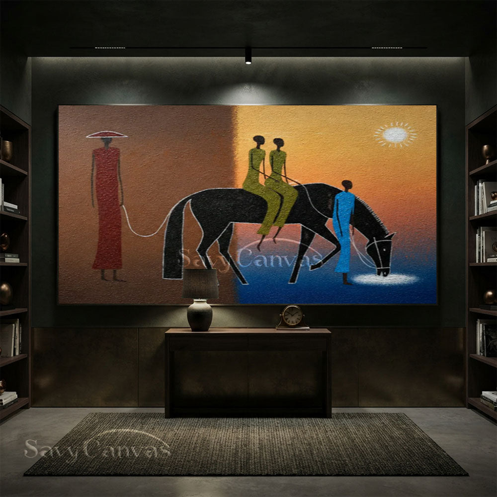 Handmade Tribal Modern Abstract Figures Horse Sunset Oil Painting #ZC 033